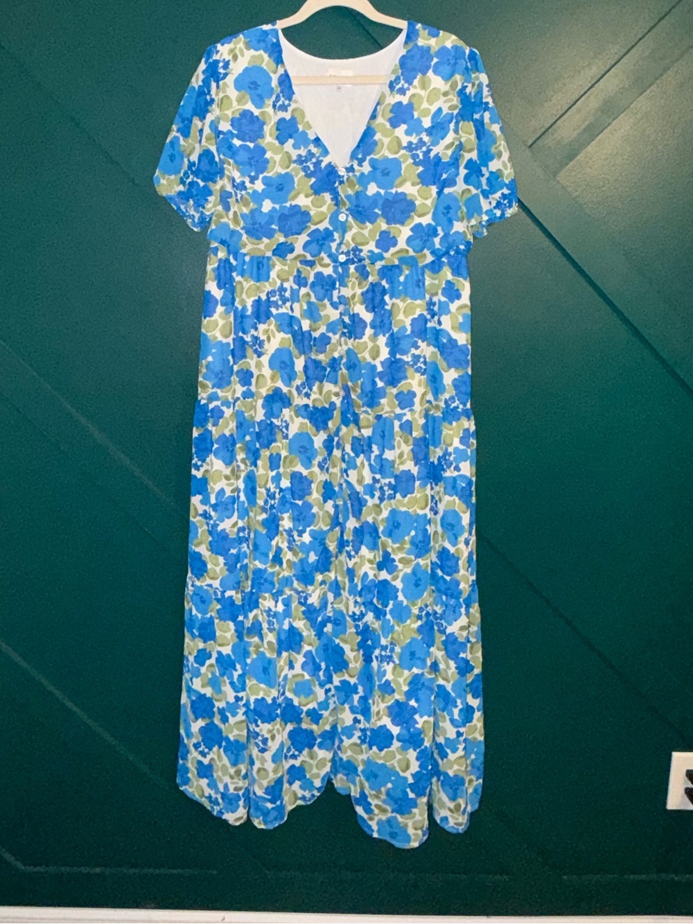 Sugarlips Vibrant Blue, White and Olive Floral Tiered Button Down Maxi Dress XL - Picture 3 of 7
